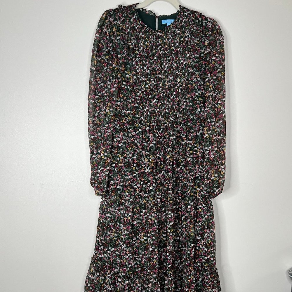 Draper James RSVP Green Floral Long Sleeve MAxi Dress with Ruffle Hem & Smocking